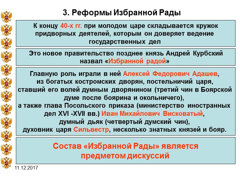 11.12.2017 3. Реформы Избранной Рады  К концу 40-х гг. при молодом царе складывается